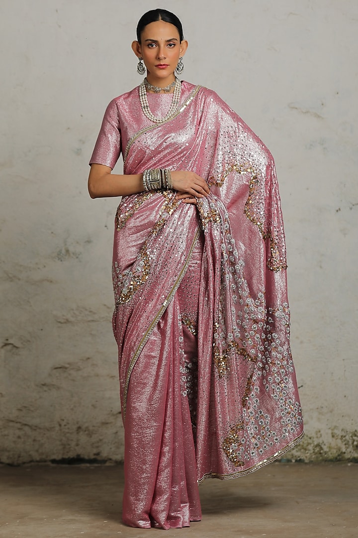 Pink Cotton Lurex Zardosi Hand Embroidered Saree Set by Saksham and Neharicka