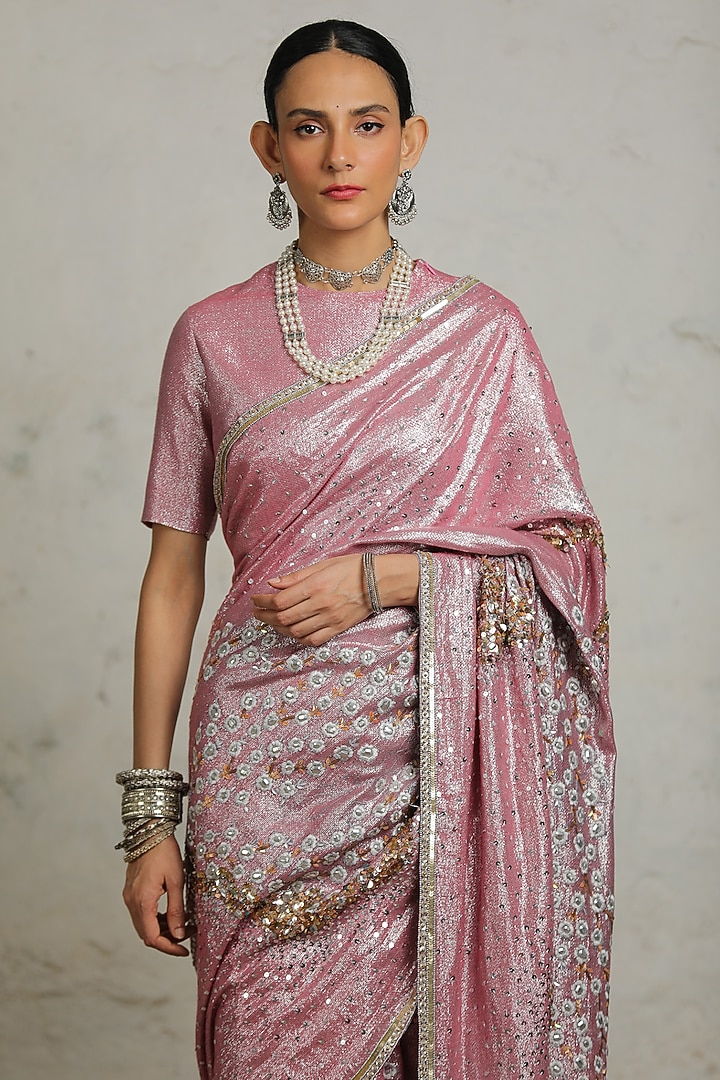 Pink Cotton Lurex Zardosi Hand Embroidered Wedding Saree Set by Saksham and Neharicka at Pernia's Pop Up Shop