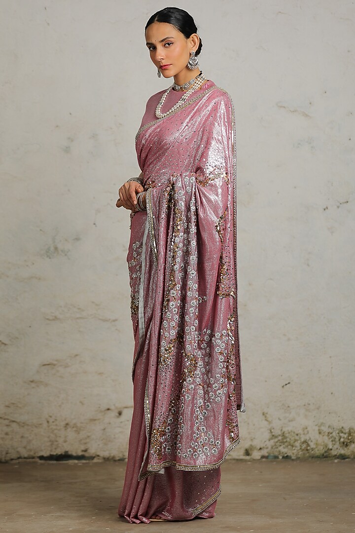 Pink Cotton Lurex Zardosi Hand Embroidered Wedding Saree Set by Saksham and Neharicka at Pernia's Pop Up Shop