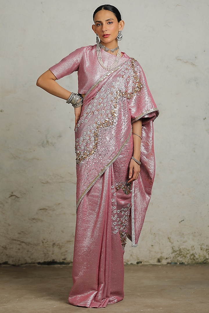 Pink Cotton Lurex Zardosi Hand Embroidered Wedding Saree Set by Saksham and Neharicka at Pernia's Pop Up Shop