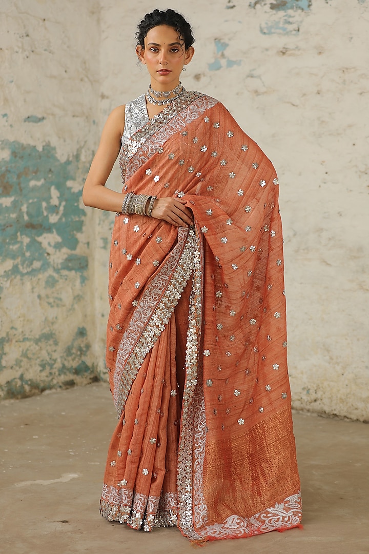 Rust Tusser Silk Zardosi Hand Embroidered Saree Set by Saksham and Neharicka