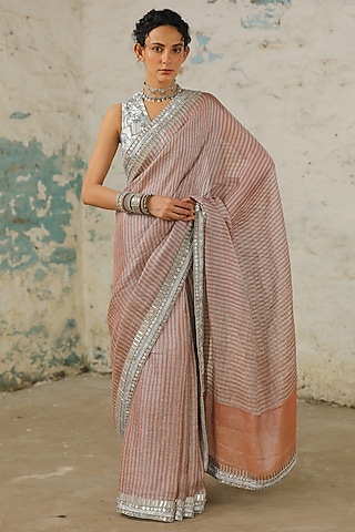 Coral Cotton Zari Hand Embroidered Saree Set by Saksham and Neharicka