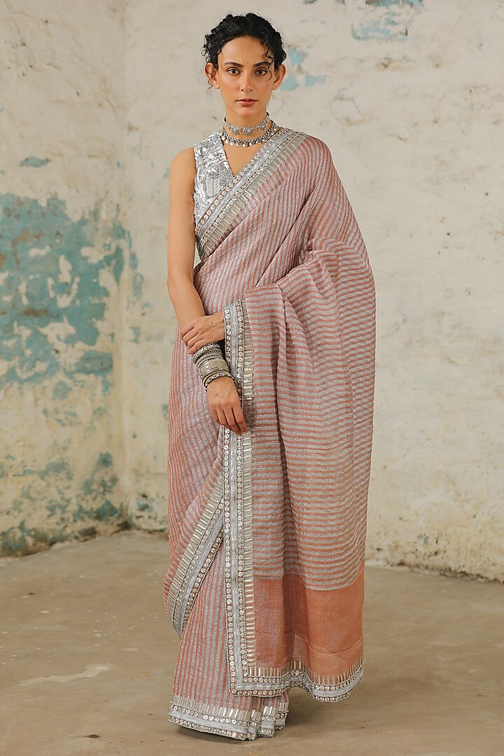 Coral Cotton Zari Hand Embroidered Party Wear Saree Set by Saksham and Neharicka at Pernia's Pop Up Shop