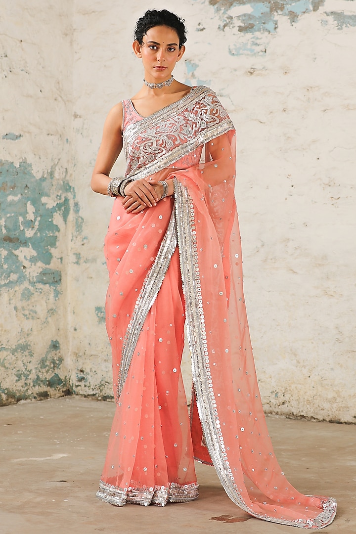 Coral Organza Zardosi Hand Embroidered Saree Set by Saksham and Neharicka