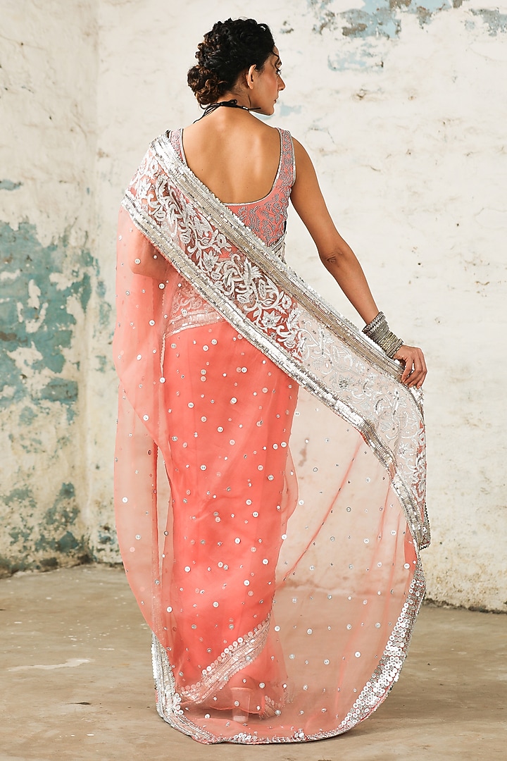 Coral Organza Zardosi Hand Embroidered Wedding Saree Set by Saksham and Neharicka at Pernia's Pop Up Shop