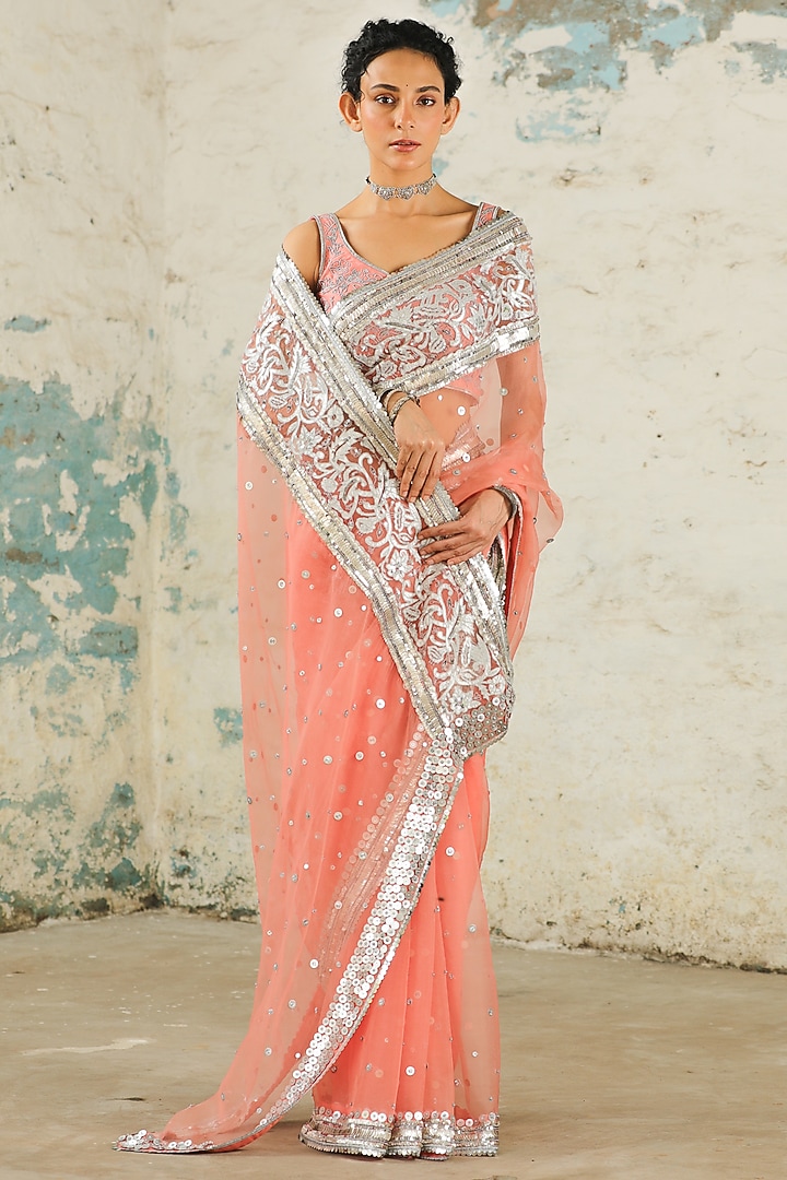 Coral Organza Zardosi Hand Embroidered Wedding Saree Set by Saksham and Neharicka at Pernia's Pop Up Shop