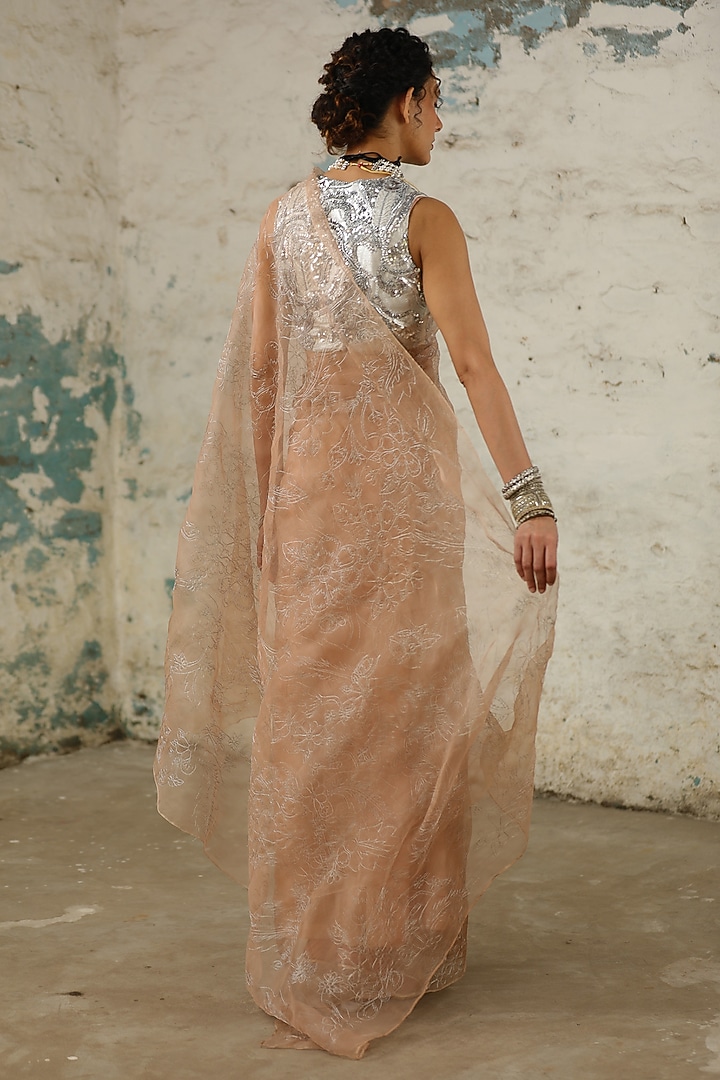 Beige Organza Floral Jaal Hand Embroidered Wedding Saree Set by Saksham and Neharicka at Pernia's Pop Up Shop