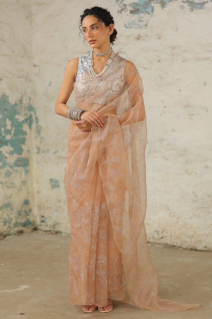 Beige Organza Floral Jaal Hand Embroidered Wedding Saree Set by Saksham and Neharicka at Pernia's Pop Up Shop