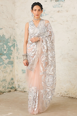 Pale Peach Organza Aari Hand Embroidered Saree Set by Saksham and Neharicka