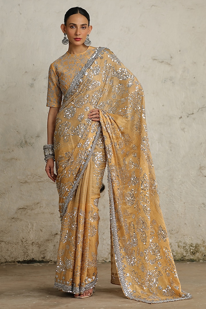 Gold Tissue Hand Embroidered Saree Set by Saksham and Neharicka