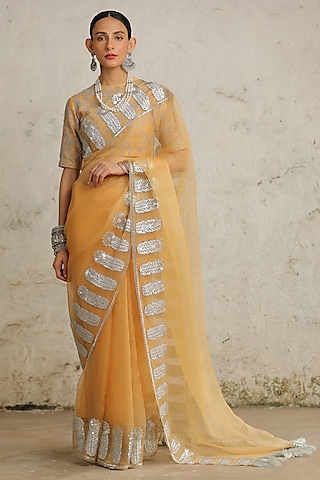 Ochre Organza Aari Hand Embroidered Saree Set by Saksham and Neharicka