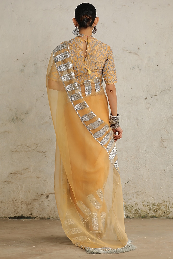 Ochre Organza Aari Hand Embroidered Reception Saree Set by Saksham and Neharicka at Pernia's Pop Up Shop