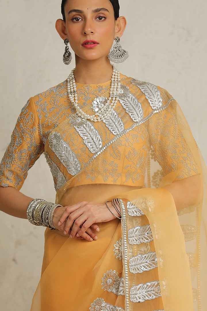 Ochre Organza Aari Hand Embroidered Reception Saree Set by Saksham and Neharicka at Pernia's Pop Up Shop