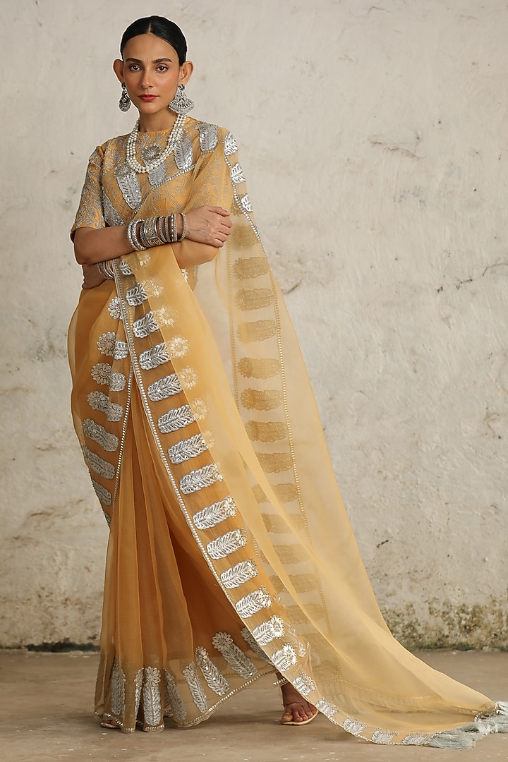 Ochre Organza Aari Hand Embroidered Reception Saree Set by Saksham and Neharicka at Pernia's Pop Up Shop