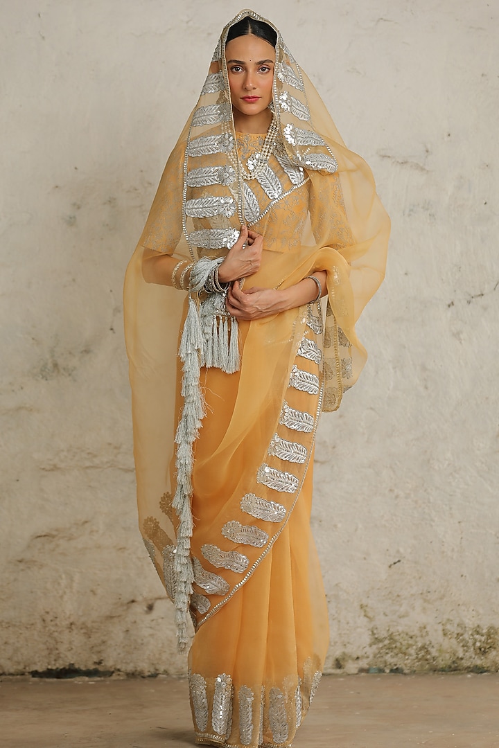 Ochre Organza Aari Hand Embroidered Reception Saree Set by Saksham and Neharicka at Pernia's Pop Up Shop