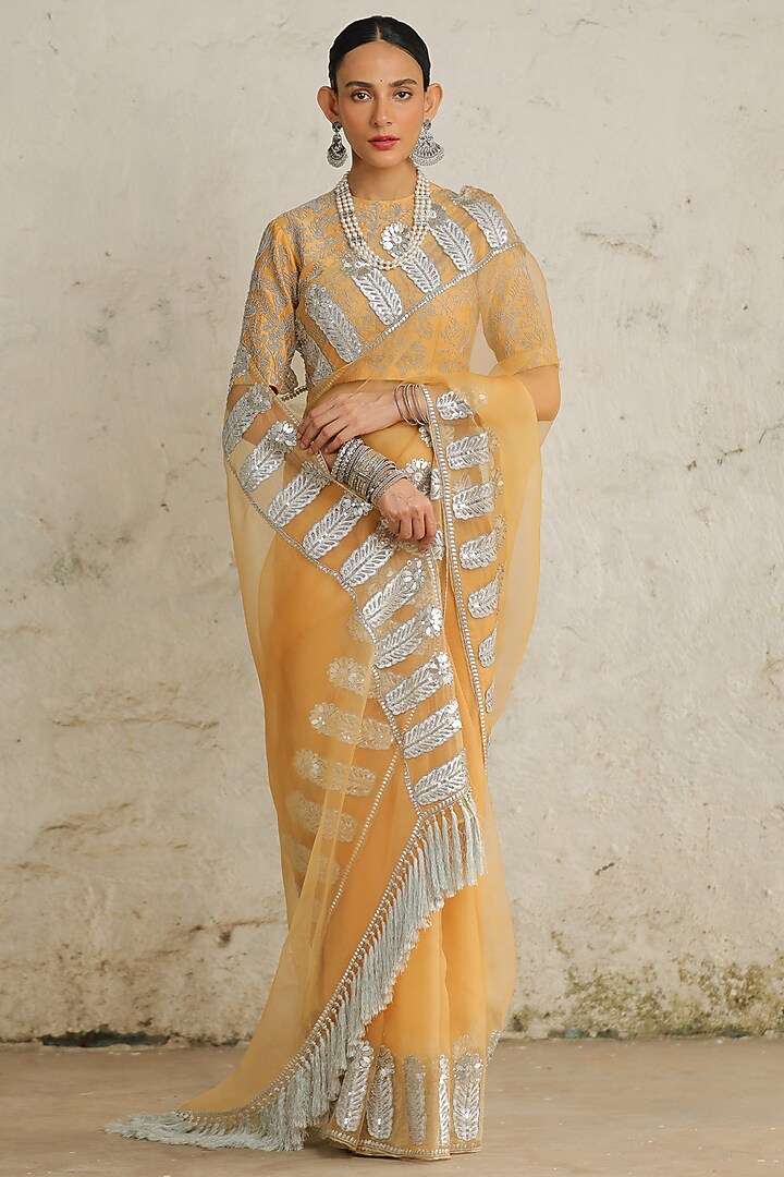 Ochre Organza Aari Hand Embroidered Reception Saree Set by Saksham and Neharicka at Pernia's Pop Up Shop