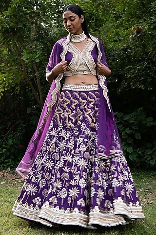 Purple Hand Embroidered Kalidar Lehenga Set by Saksham and Neharicka