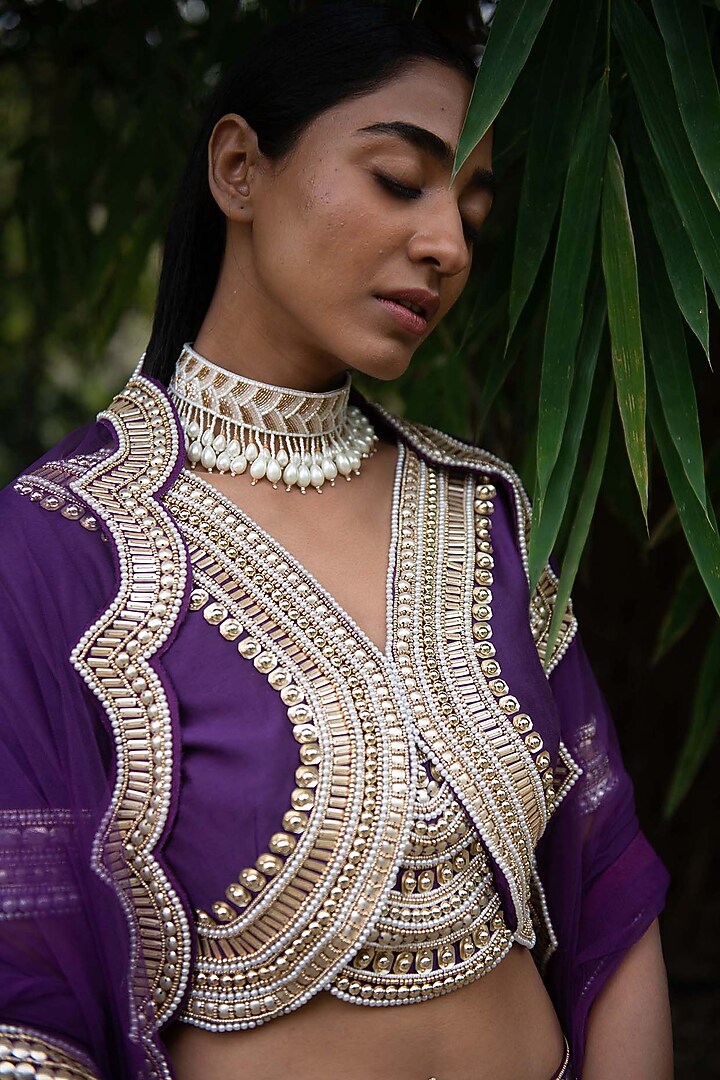 Purple Hand Embroidered Kalidar Bridal Lehenga Set by Saksham and Neharicka at Pernia's Pop Up Shop