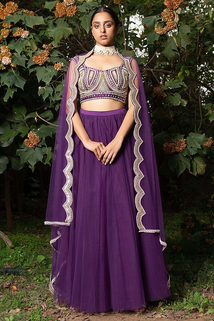 Purple Hand Embroidered Wedding Lehenga Set by Saksham and Neharicka at Pernia's Pop Up Shop