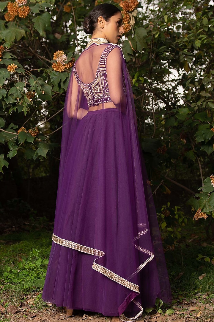 Purple Hand Embroidered Wedding Lehenga Set by Saksham and Neharicka at Pernia's Pop Up Shop