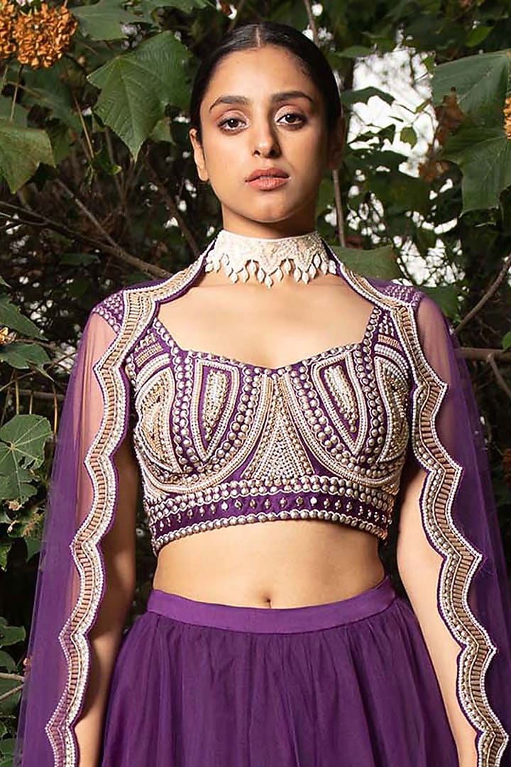Purple Hand Embroidered Wedding Lehenga Set by Saksham and Neharicka at Pernia's Pop Up Shop