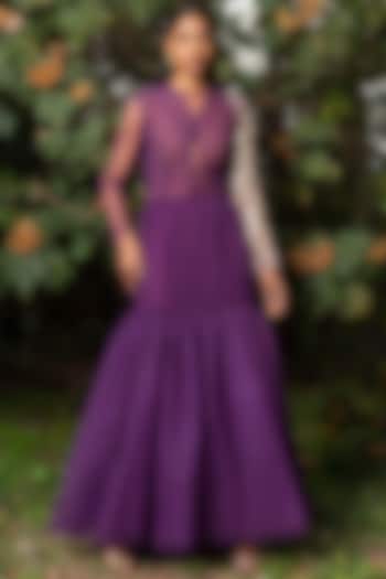 Purple Hand Embroidered Cocktail Maxi Cocktail Dress by Saksham and Neharicka at Pernia's Pop Up Shop