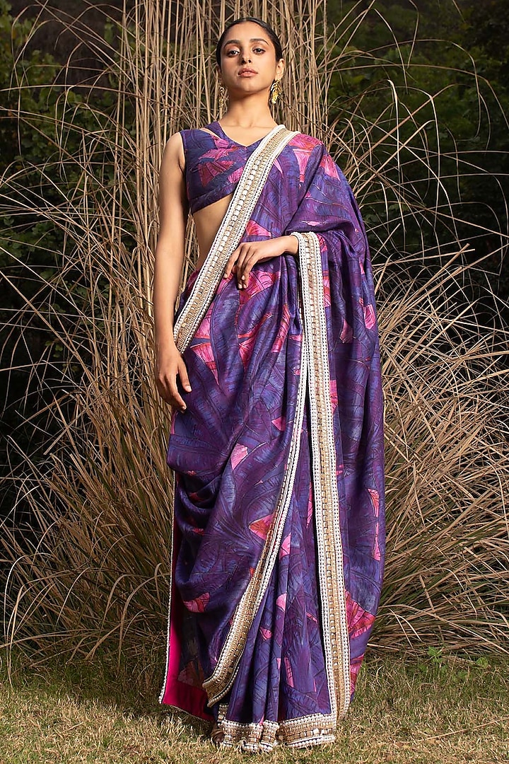 Purple Chanderi Digital Printed & Hand Embroidered Saree Set by Saksham and Neharicka
