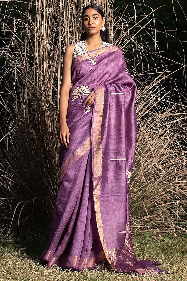 Plum Purple Embroidered Saree by Saksham and Neharicka
