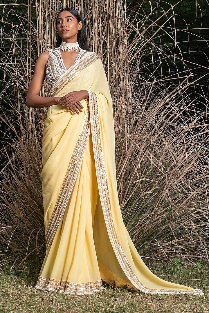 Butter Yellow Hand Embroidered Saree Set by Saksham and Neharicka