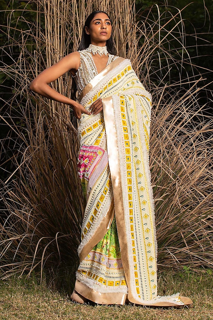 Light Yellow Printed & Embroidered Saree by Saksham and Neharicka