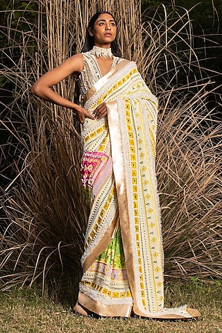 Light Yellow Printed & Embroidered Saree by Saksham and Neharicka