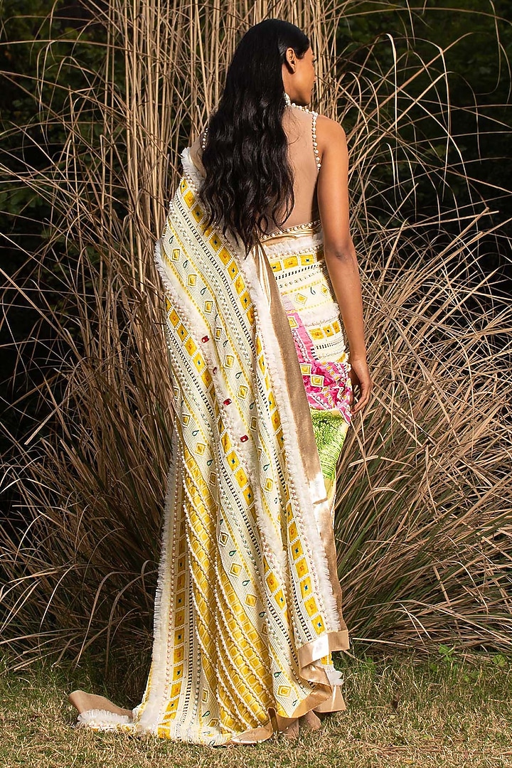 Light Yellow Printed & Embroidered Reception Saree by Saksham and Neharicka at Pernia's Pop Up Shop