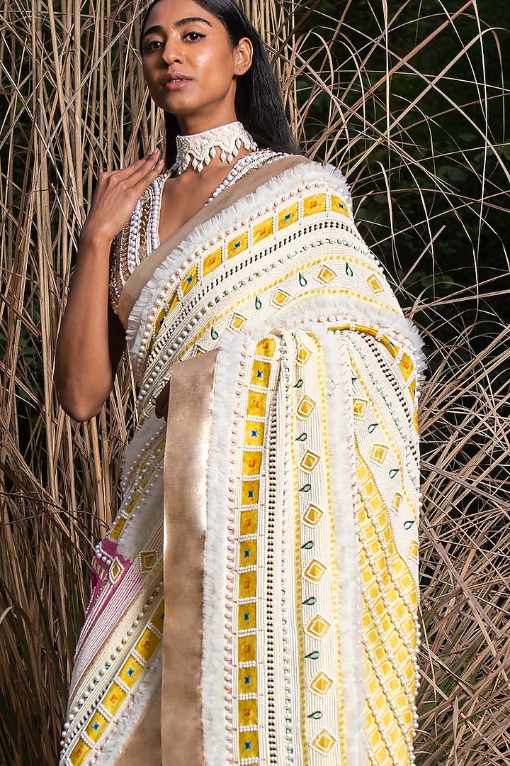 Light Yellow Printed & Embroidered Reception Saree by Saksham and Neharicka at Pernia's Pop Up Shop