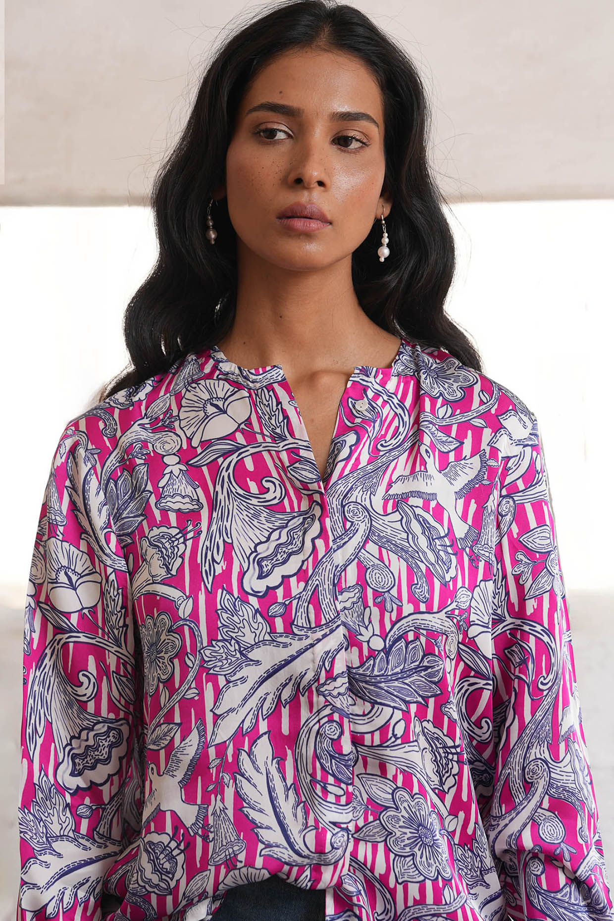 Pink Viscose Satin Floral Digital Printed Shirt by Saksham and Neharicka at Pernia's Pop Up Shop