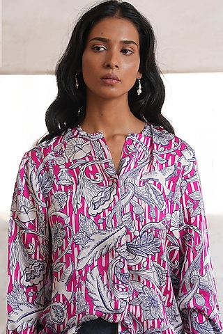 Pink Viscose Satin Floral Digital Printed Shirt by Saksham and Neharicka