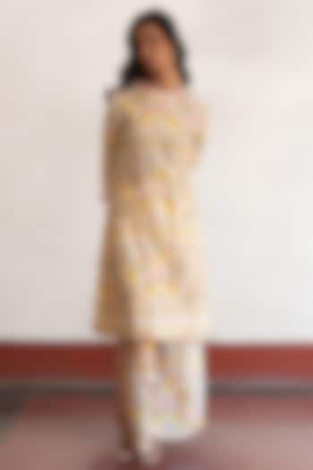 Yellow Banarasi Cotton Silk Printed & Embroidered Kurta by Saksham and Neharicka at Pernia's Pop Up Shop