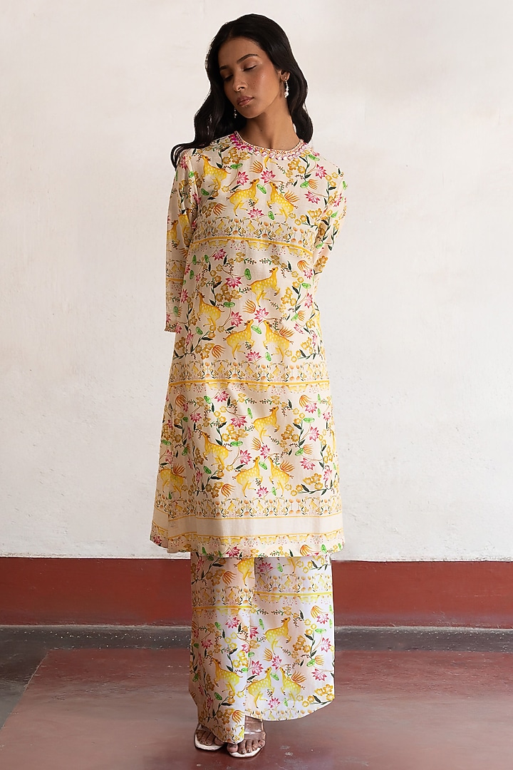 Yellow Banarasi Cotton Silk Printed & Embroidered Kurta by Saksham and Neharicka at Pernia's Pop Up Shop