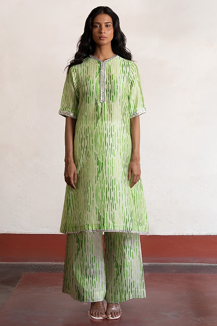 Green Banarasi Cotton Silk Printed & Embroidered Kurta by Saksham and Neharicka at Pernia's Pop Up Shop