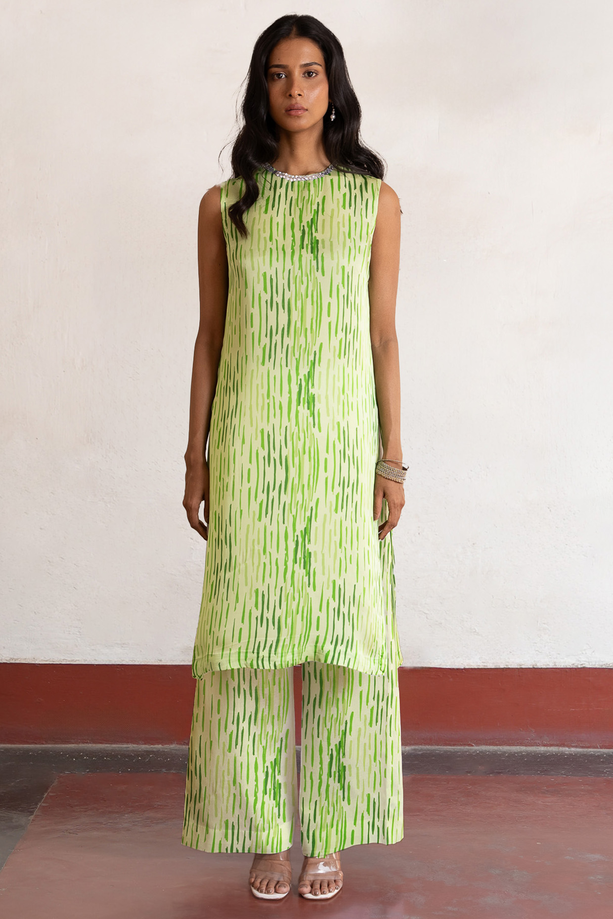 Lime Green Viscose Satin Printed & Embroidered Kurta Set by Saksham and Neharicka at Pernia's Pop Up Shop