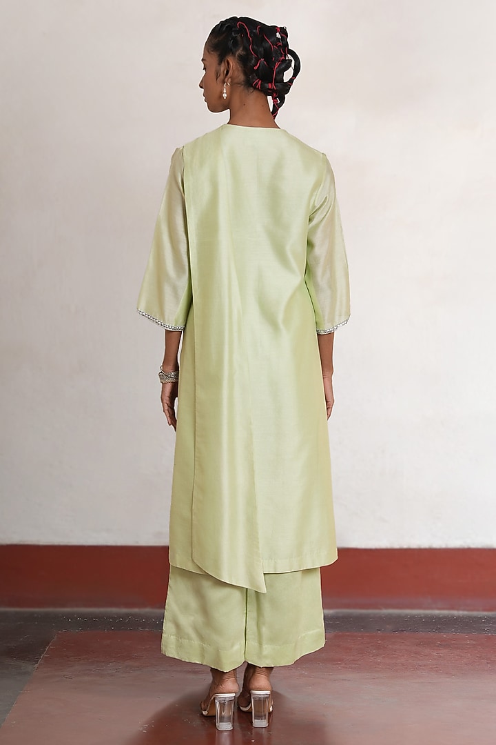 Lime Green Banarasi Cotton Silk Layered Kurta Set by Saksham and Neharicka at Pernia's Pop Up Shop