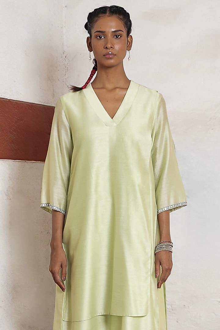 Lime Green Banarasi Cotton Silk Layered Kurta Set by Saksham and Neharicka at Pernia's Pop Up Shop