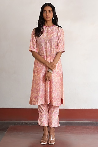 Pink & Peach Banarasi Cotton Silk Printed & Hand Embroidered Kurta Set by Saksham and Neharicka
