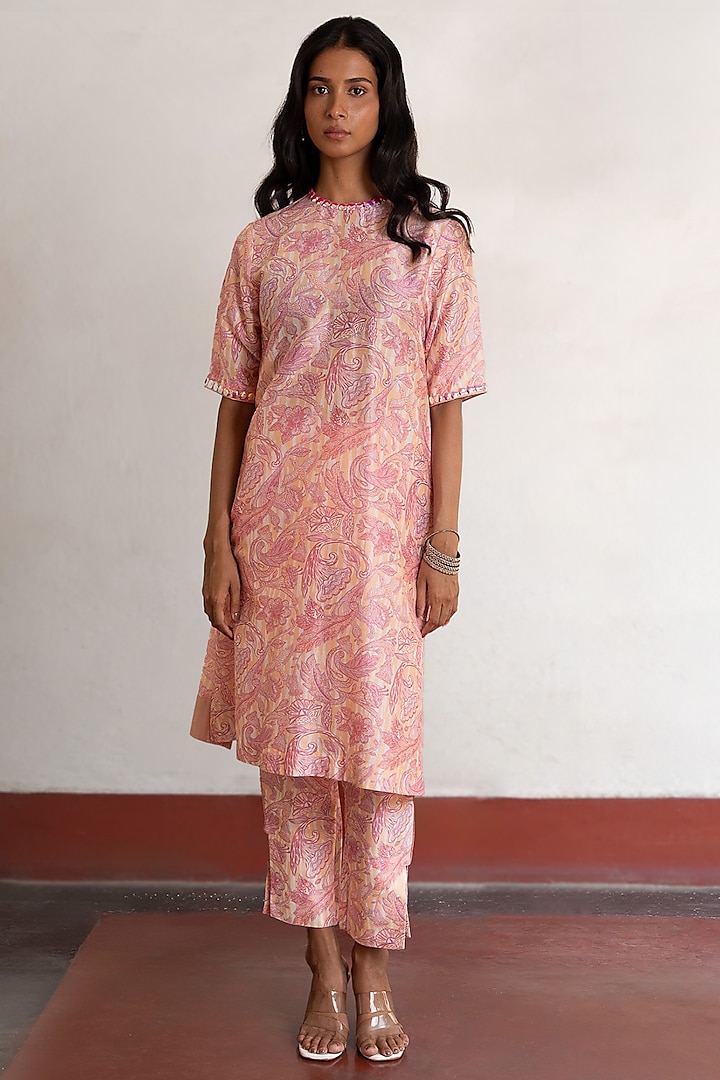 Pink & Peach Banarasi Cotton Silk Printed & Hand Embroidered Kurta by Saksham and Neharicka at Pernia's Pop Up Shop