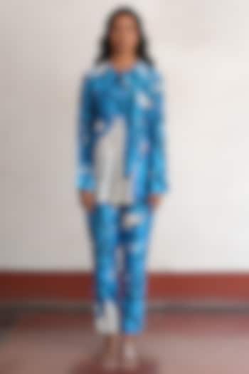 Blue & Ivory Banarasi Cotton Silk Printed Co-Ord Set by Saksham and Neharicka at Pernia's Pop Up Shop
