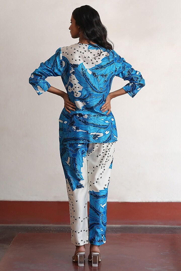 Blue & Ivory Banarasi Cotton Silk Floral Printed Shirt by Saksham and Neharicka at Pernia's Pop Up Shop