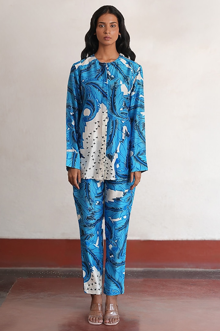 Blue & Ivory Banarasi Cotton Silk Floral Printed Shirt by Saksham and Neharicka at Pernia's Pop Up Shop