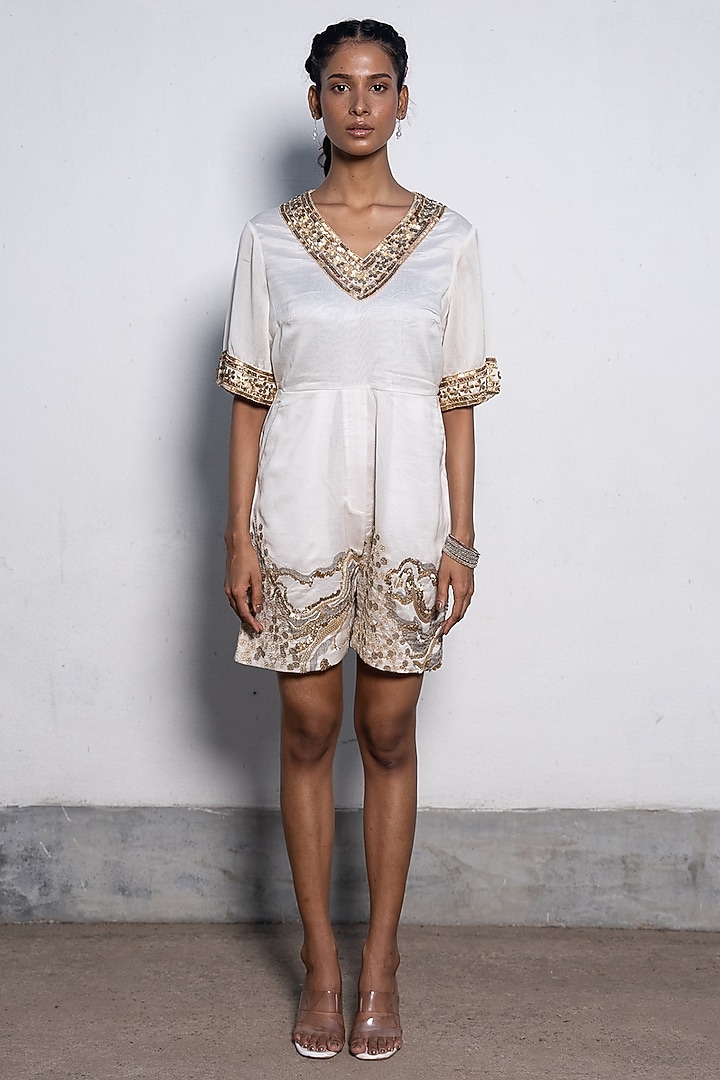 Ivory & Gold Banarasi Cotton Silk Hand Embroidered Jumpsuit by Saksham and Neharicka at Pernia's Pop Up Shop