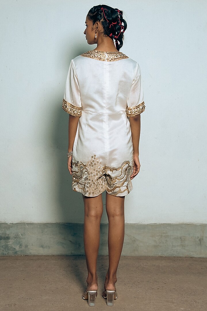 Ivory & Gold Banarasi Cotton Silk Hand Embroidered Jumpsuit by Saksham and Neharicka at Pernia's Pop Up Shop