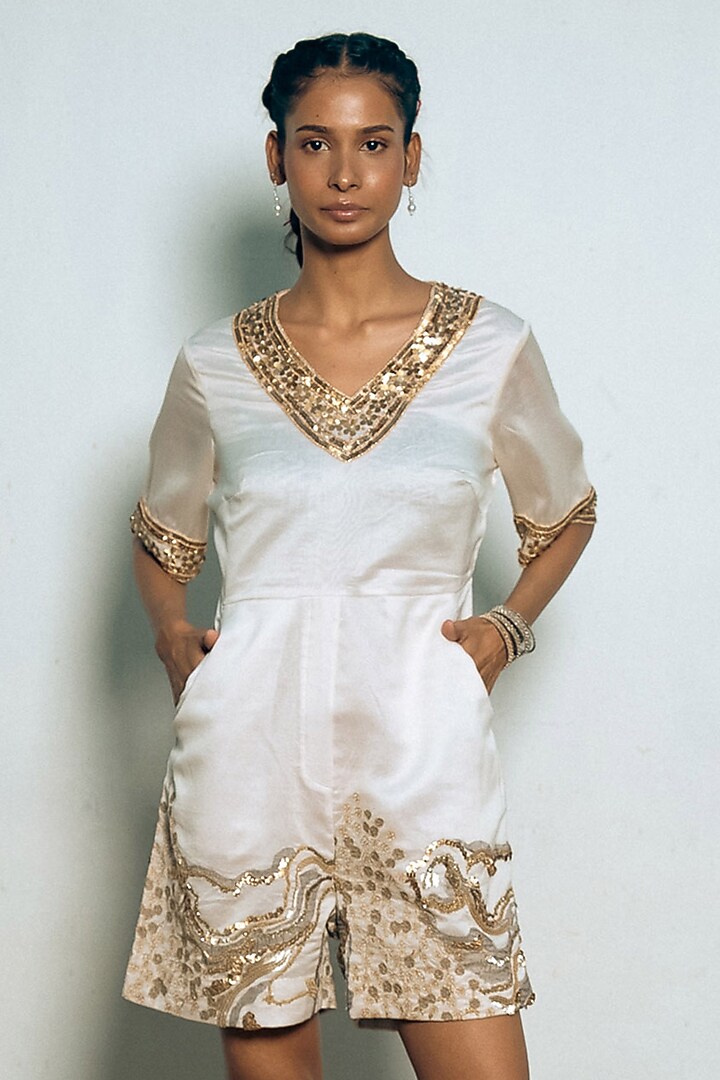 Ivory & Gold Banarasi Cotton Silk Hand Embroidered Jumpsuit by Saksham and Neharicka at Pernia's Pop Up Shop