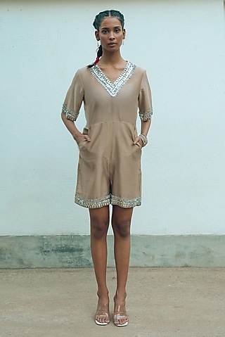 Taupe Pure Bengal Cotton Hand Embroidered Jumpsuit by Saksham and Neharicka